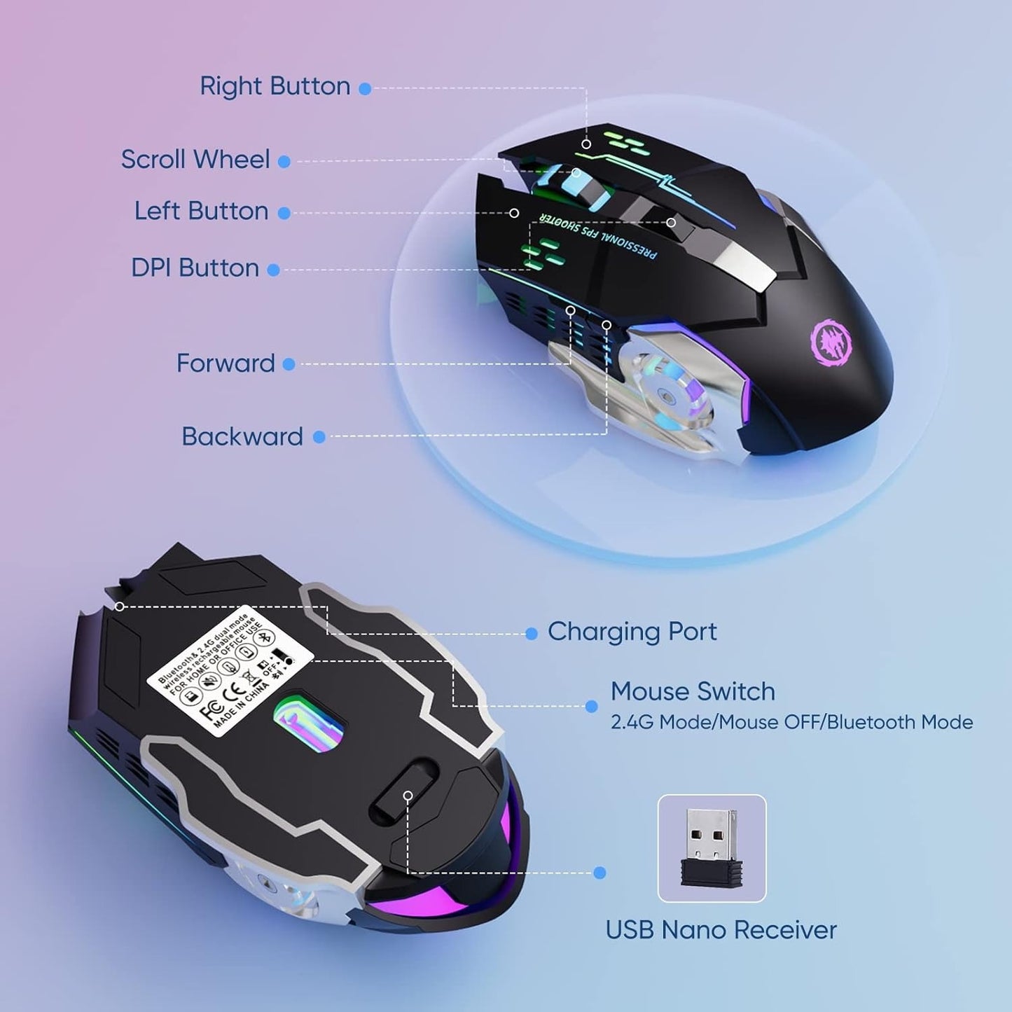 Wireless Gaming Mouse RGB Rechargeable Mouse